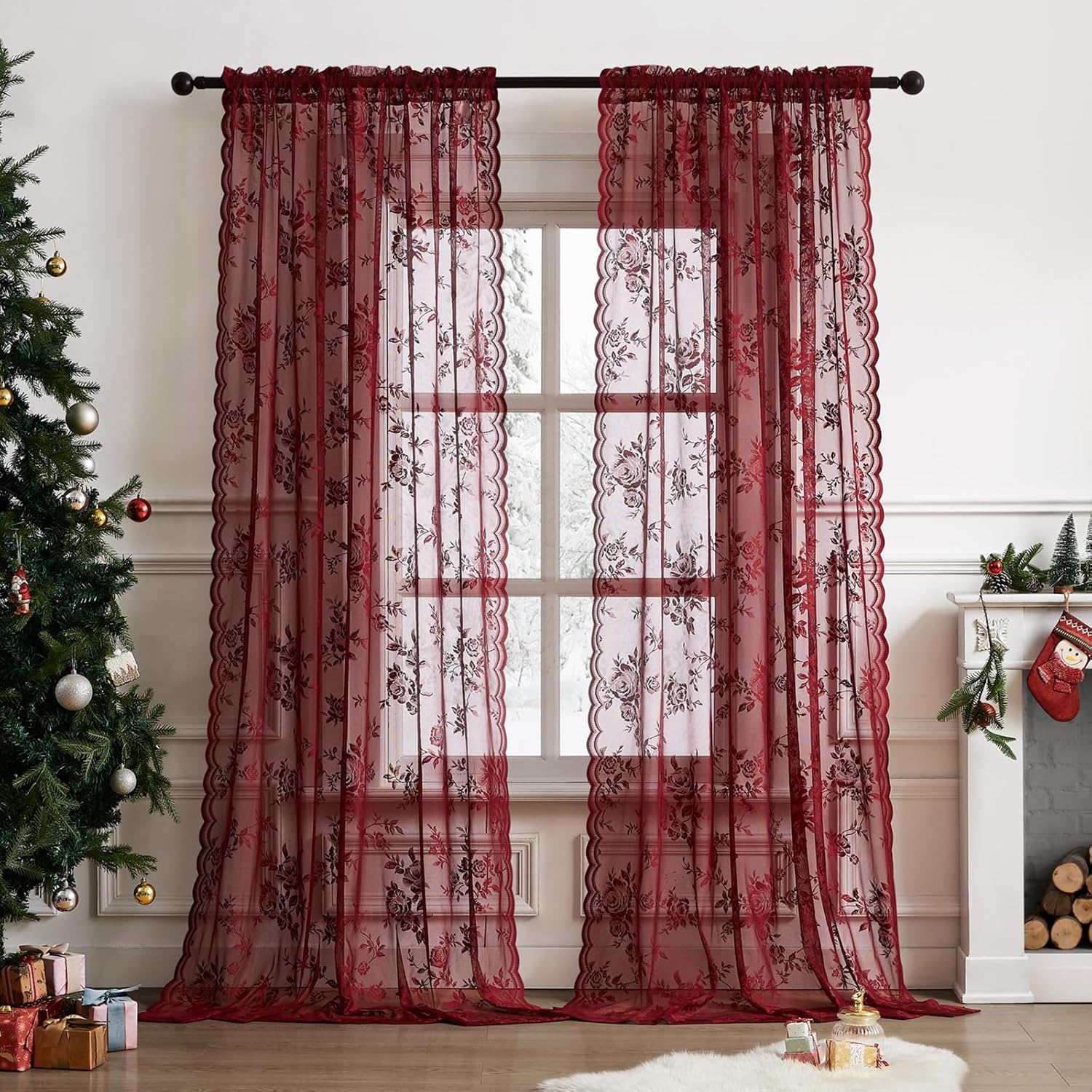 Curtain Rods - 1 buah tirai renda warna burgundy